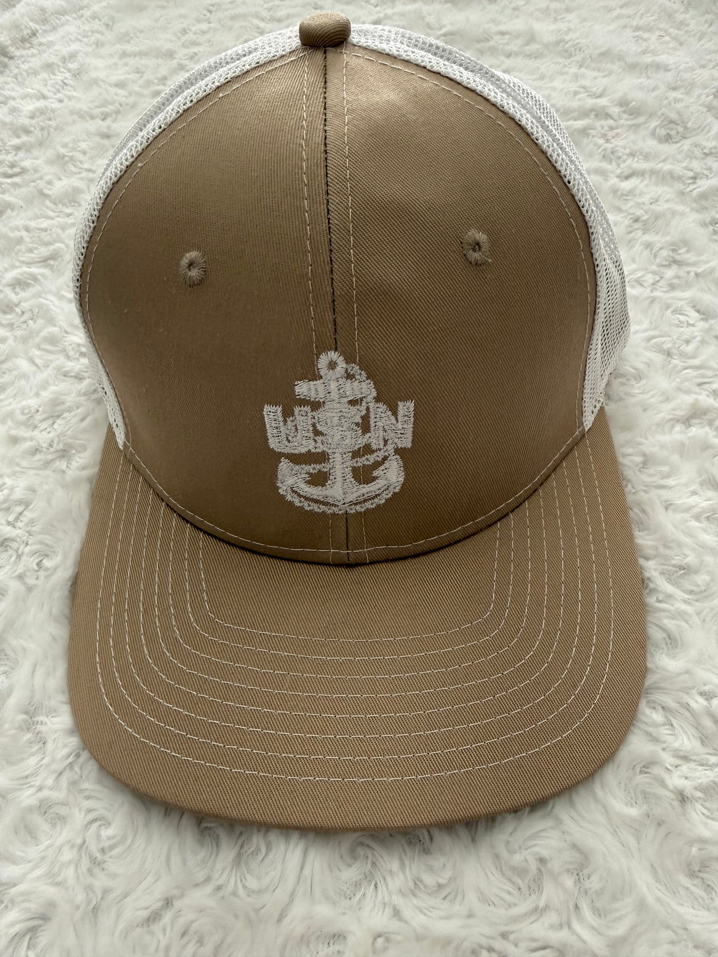 Khaki and White Trucker Hat with White Anchor
