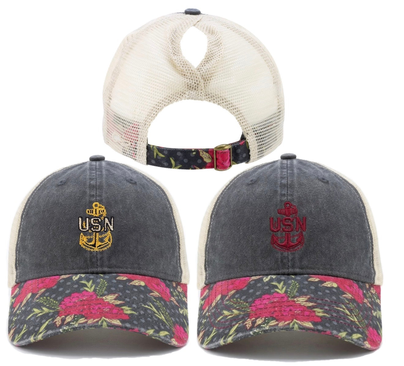 Black and Floral CPO Ponytail Trucker Hat
