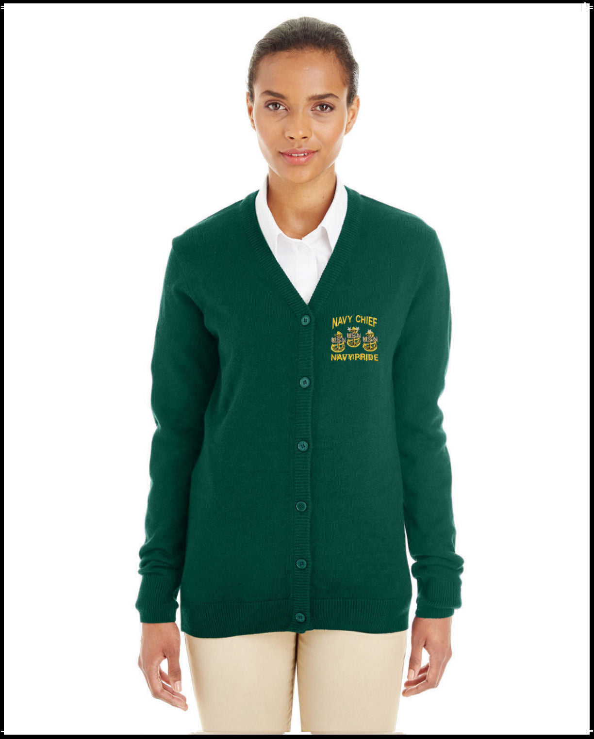 Ladies Green Navy Chief Navy Pride Button Up Cardigan