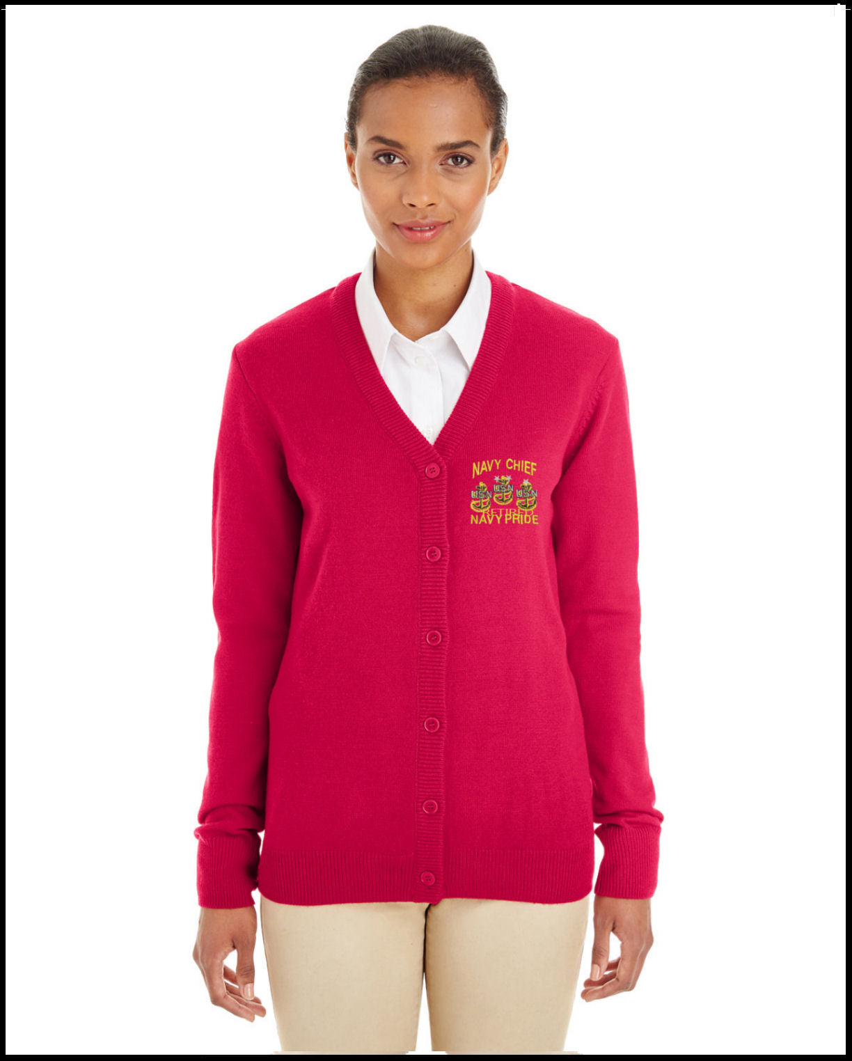 Ladies Red Navy Chief Navy Pride Button Up Cardigan