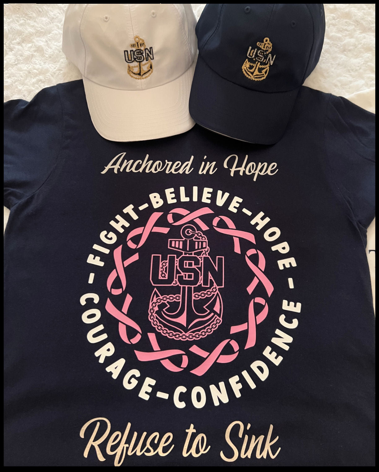 Breast Cancer T-Shirt Navy Pink & White