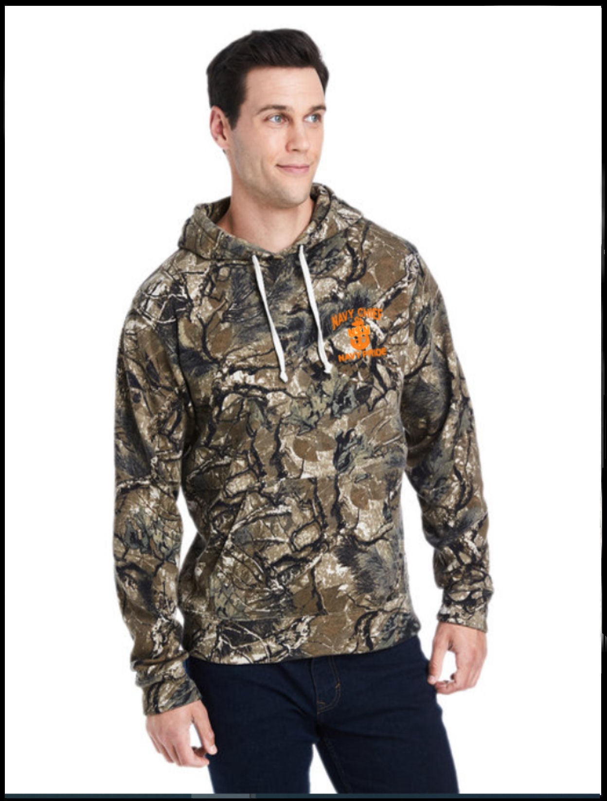 Navy Chief Navy Pride Embroidered Outdoor Camo Hooded Sweatshirt Orange Anchor