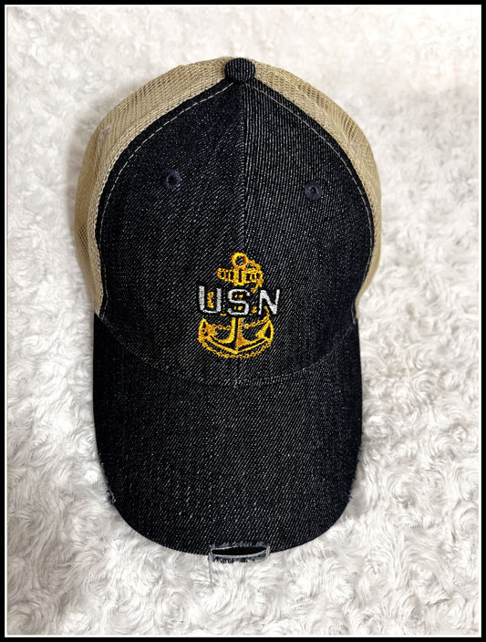 Dark Denim Distressed CPO Trucker Hat