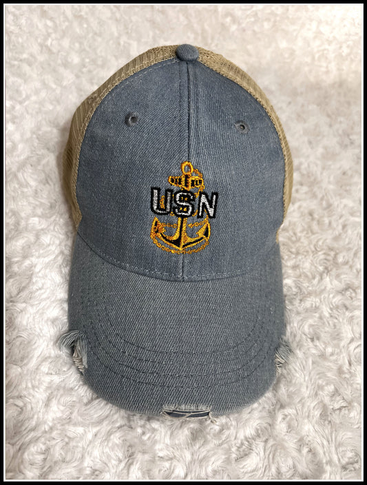 Light Denim Distressed CPO Trucker Hat