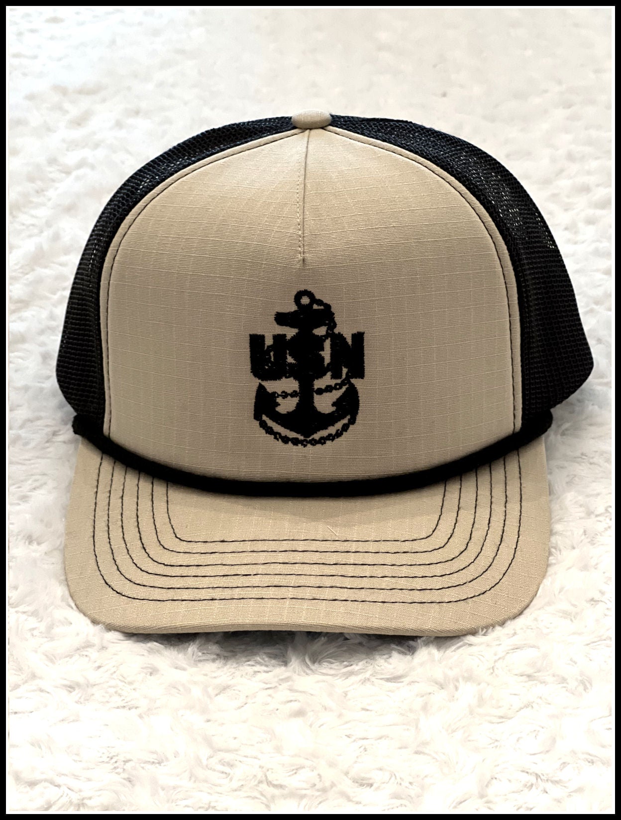 Khaki Lariat Ripstop Trucker Hat with Black CPO Anchor
