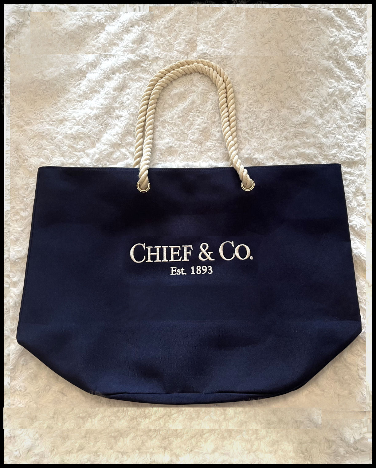 Chief & Co. Embroidered Rope Tote Navy Blue & Creme