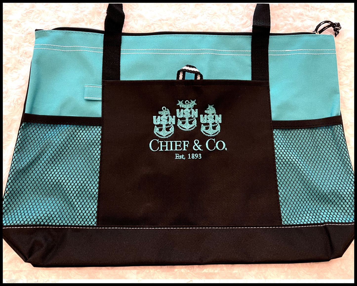 Chief & Co. Embroidered Zippered Tote Tahiti Blue & Black