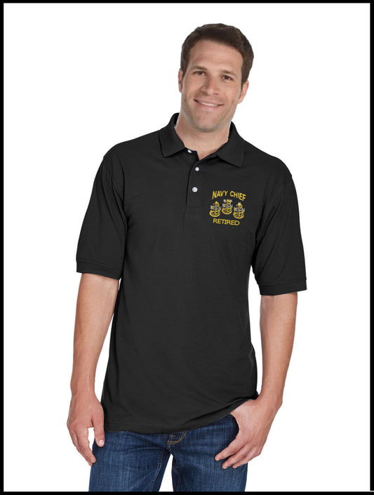 Retired Navy Chief, Navy Blue Polo Shirt 3 Anchors