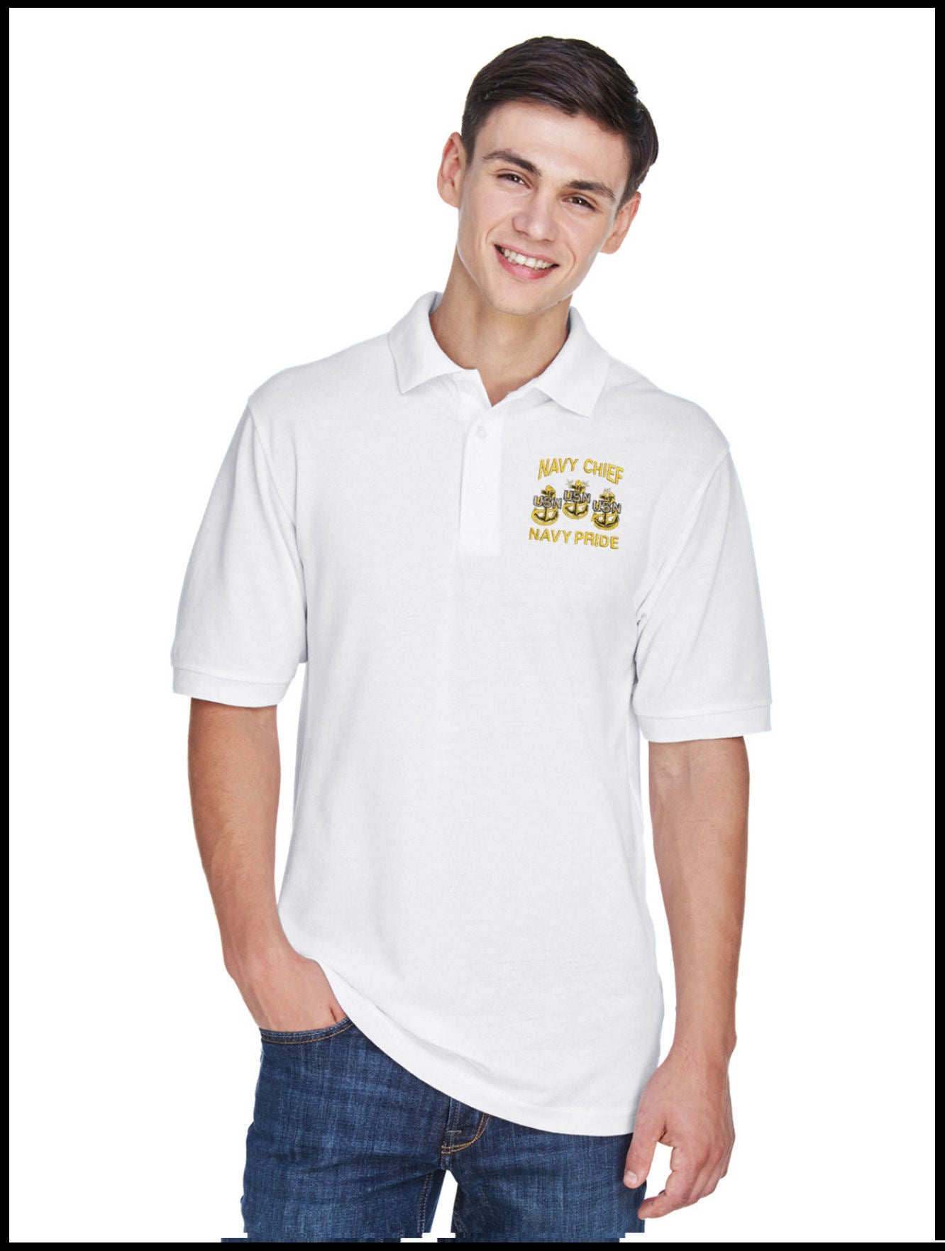 CPO Navy Chief, Navy Pride White Polo Shirt 3 Anchors
