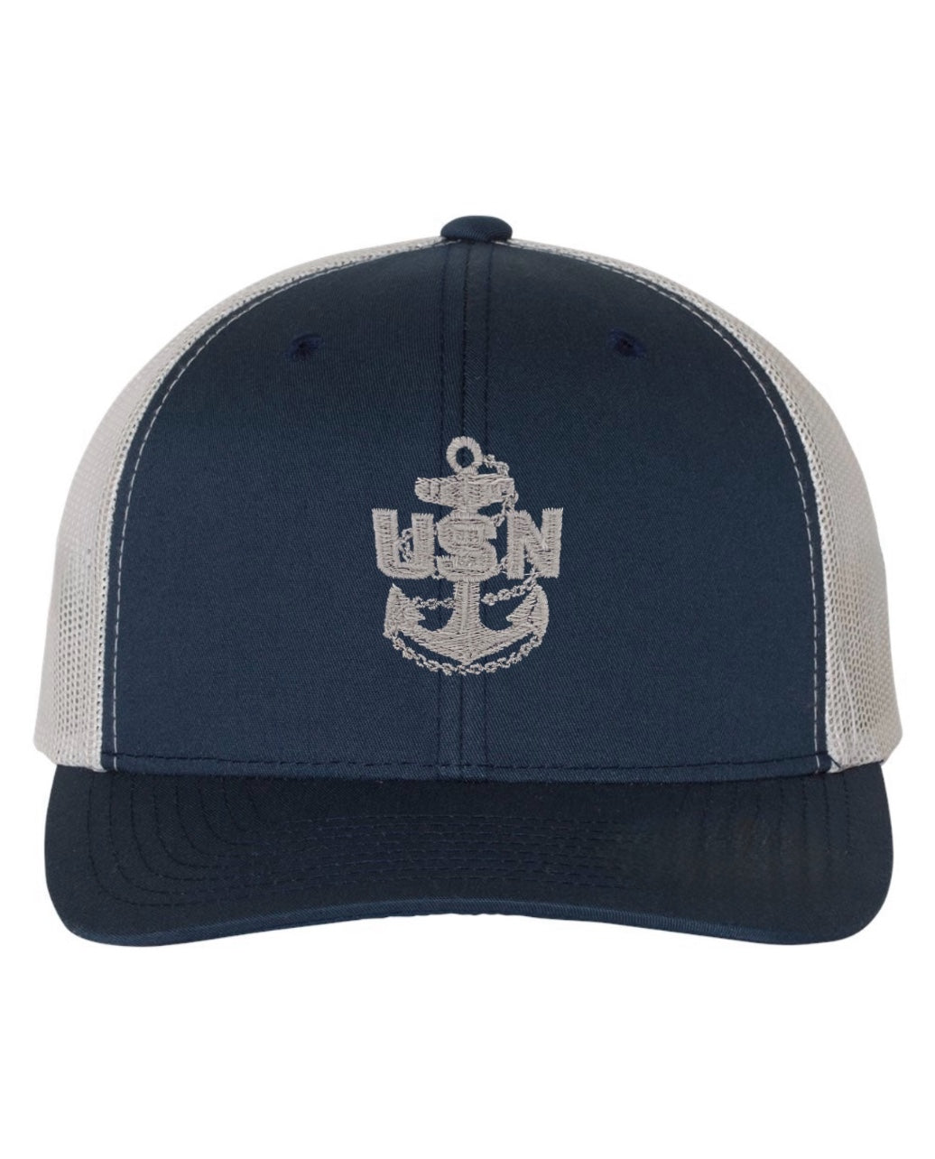Navy Blue and Grey Trucker Hat with Grey Anchor