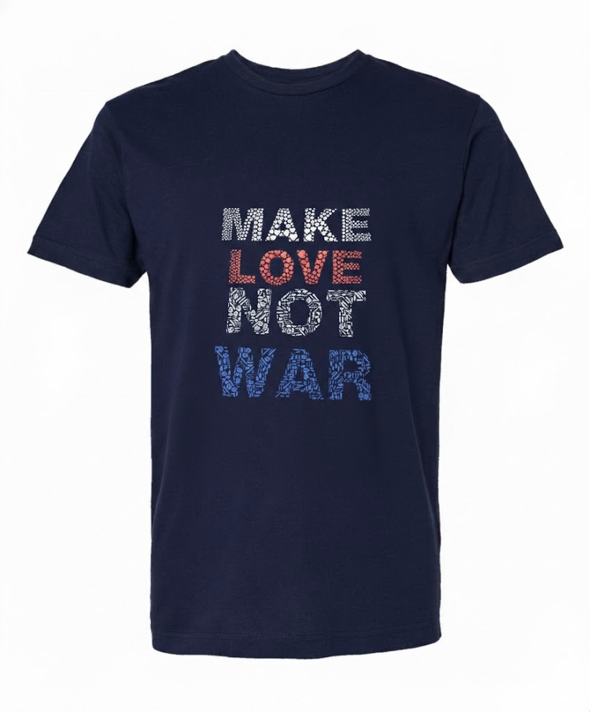 Make Love Not War Navy Blue T-Shirt with Red White and Blue Design