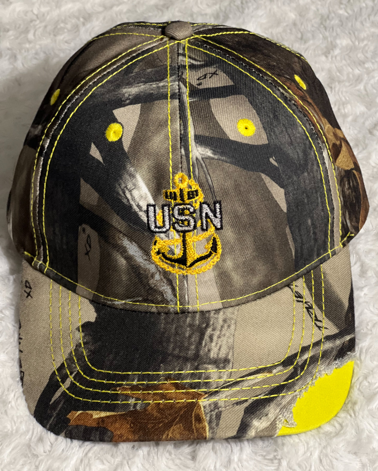 Distressed Hunters Camo and Yellow CPO Hat with Gold Anchor