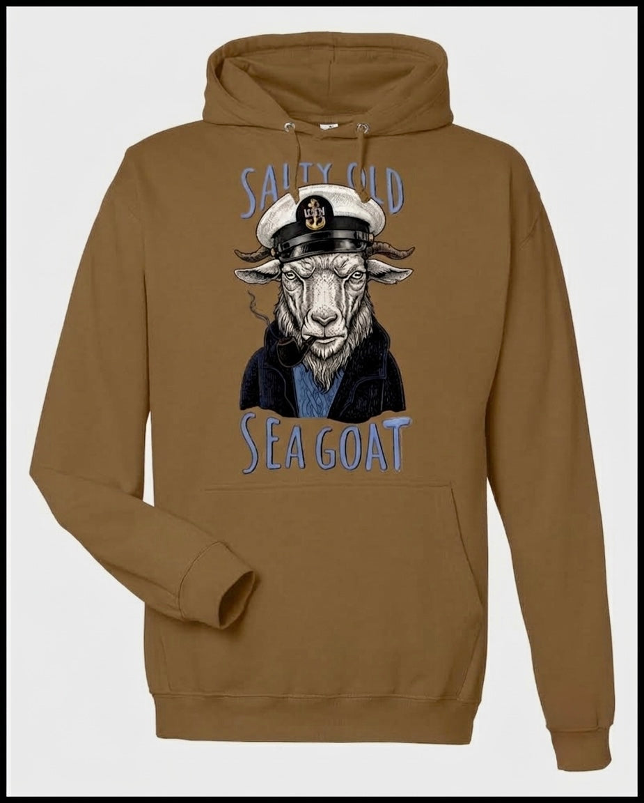 Salty Old Sea Goat Coyote Brown Hooded Sweatshirt with White Goat