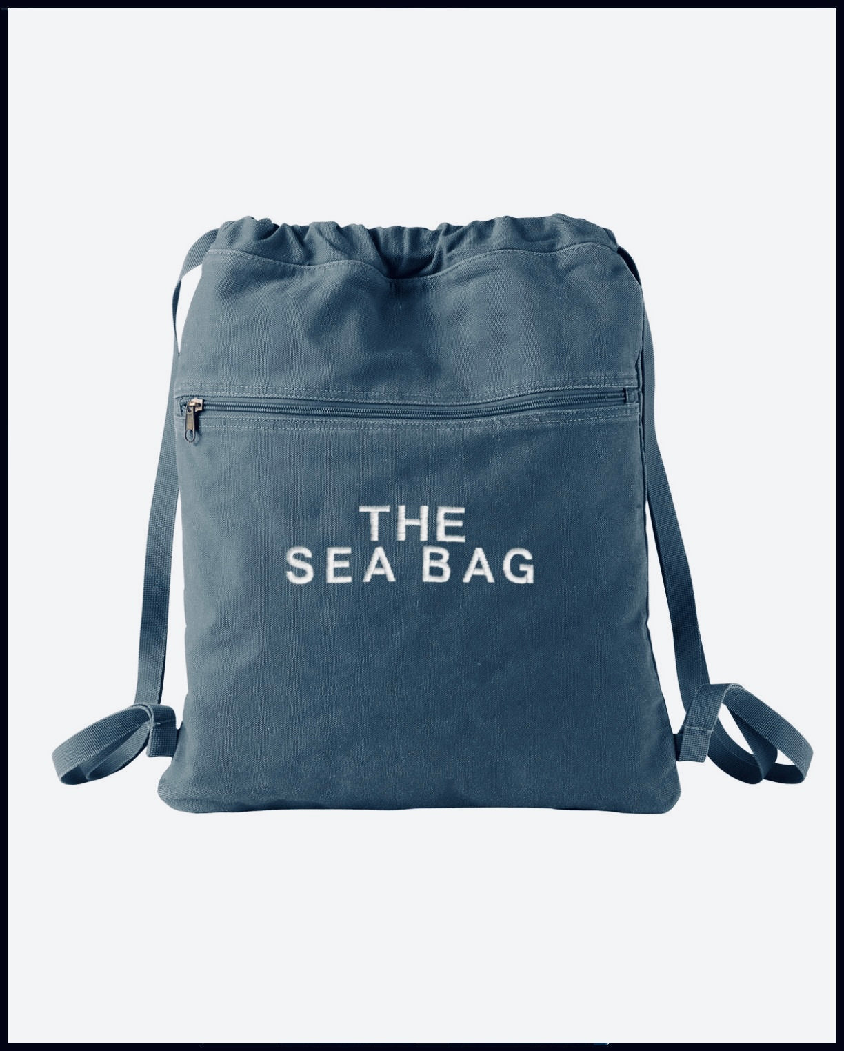 The Sea Bag Embroidered Denim Blue Canvas Drawstring Backpack