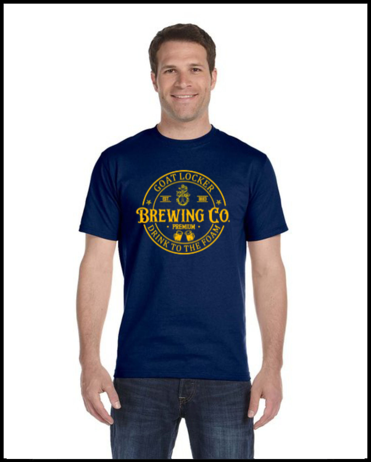 Goat Locker Brewing Company Navy & Golden Yellow Crewneck T-Shirt