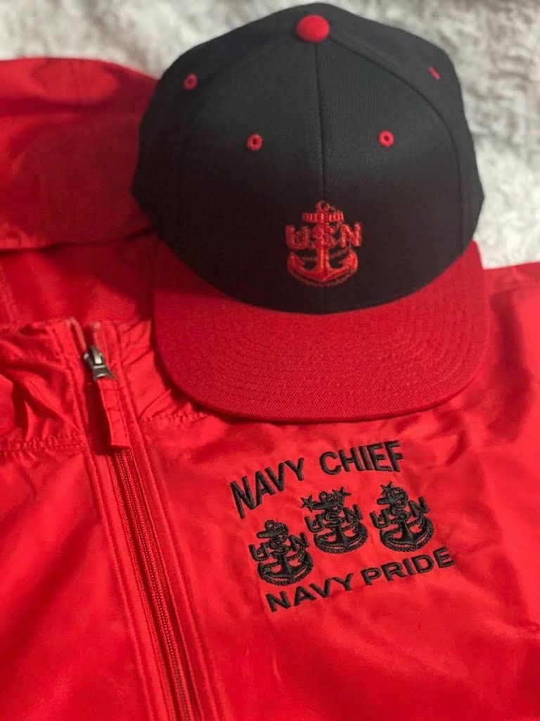 Red Full Zip Up Champion with Black Embroidery Navy Chief Navy Pride Windbreaker Jacket