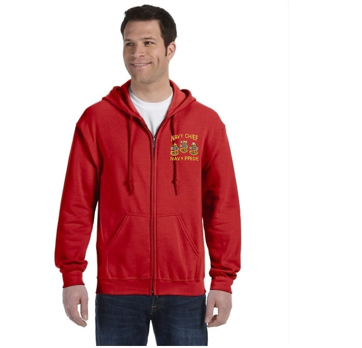 Navy Chief Navy Pride Embroidered Red Zipped Hooded Sweatshirt