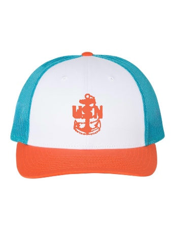 White Orange and Aqua Trucker Hat