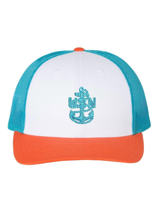 White Orange and Aqua Trucker Hat