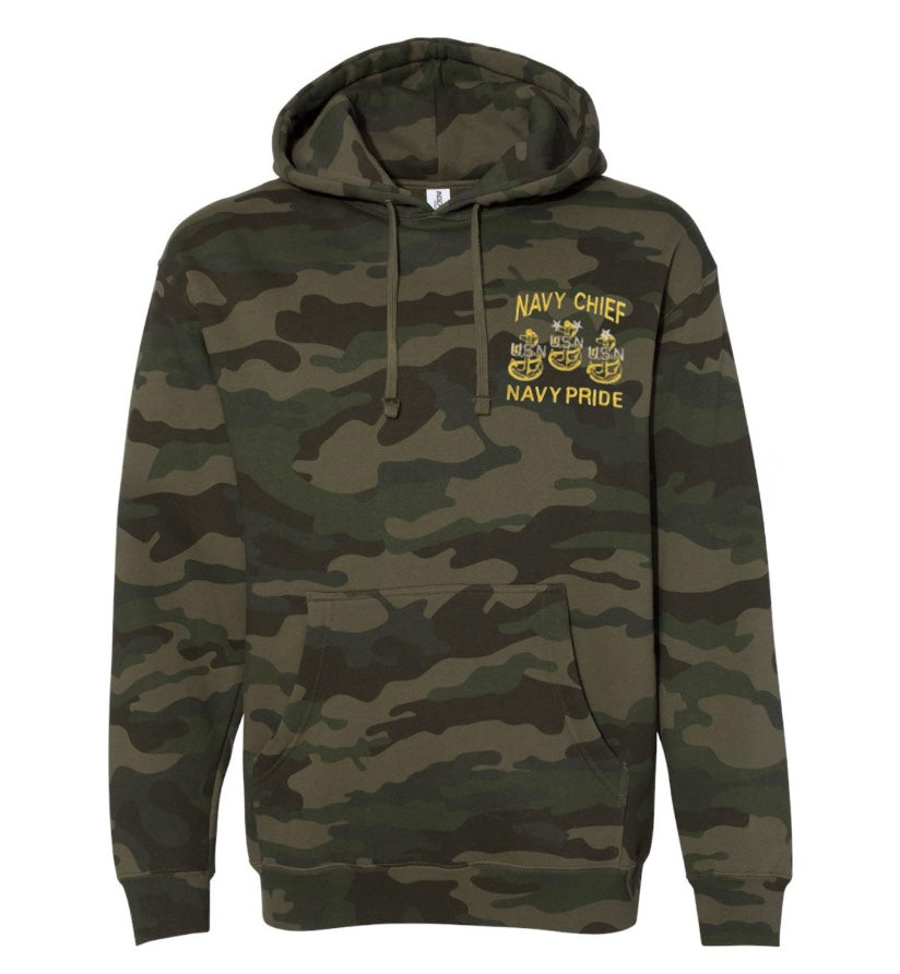 Camouflage Navy Chief Navy Pride 3 Anchors Embroidered Hooded Sweatshirt