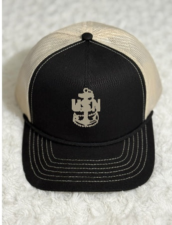 Black and Khaki Lariat Ripstop Trucker Hat with CPO Anchor