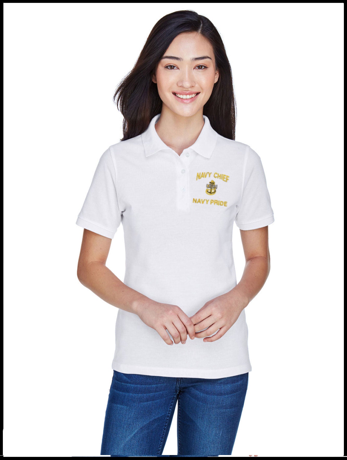 Ladies Piqué CPO Polo Shirt White Navy Chief, Navy Pride 1 Anchor