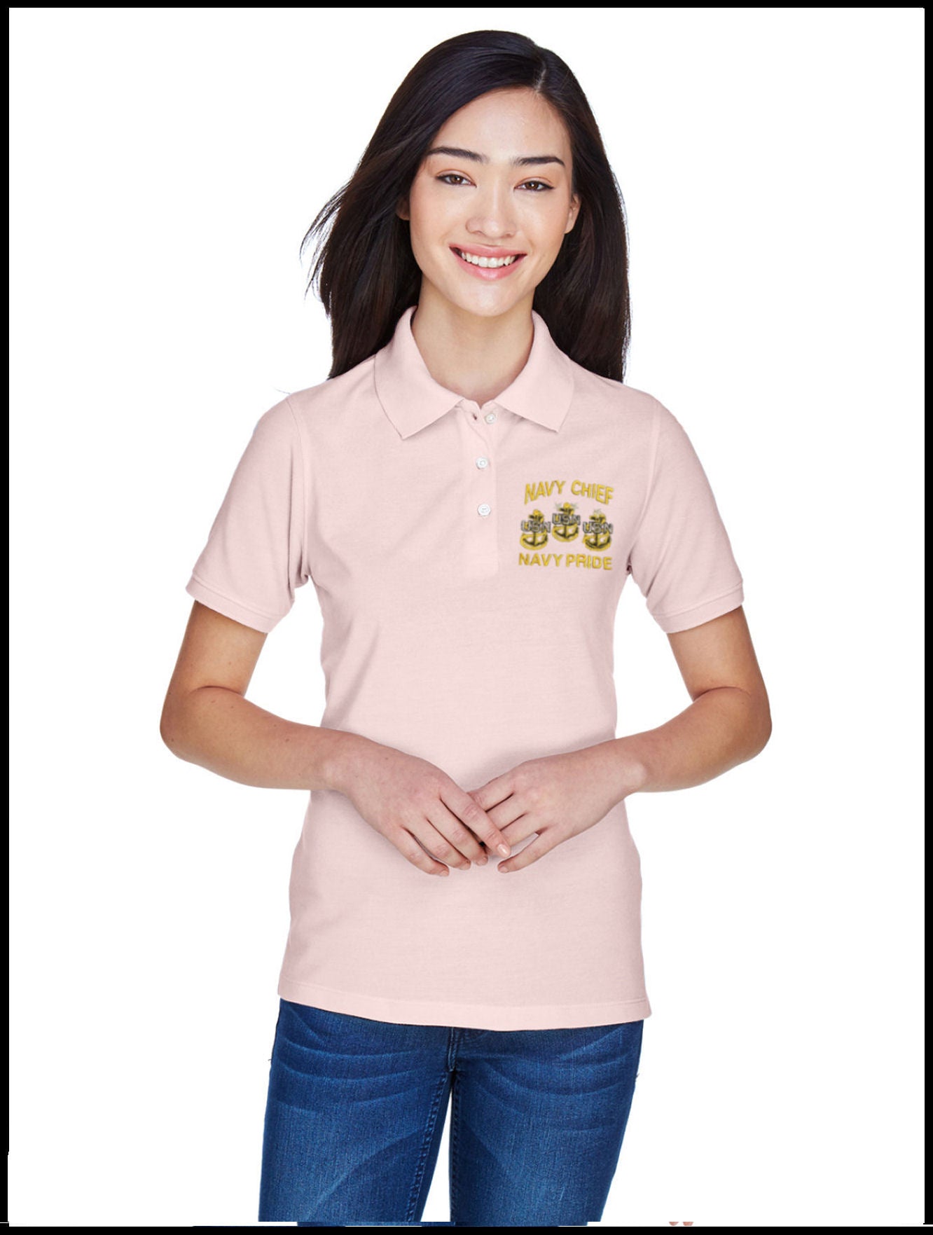 Ladies Piqué CPO Polo Shirt Blush Pink Navy Chief, Navy Pride 3 Anchors