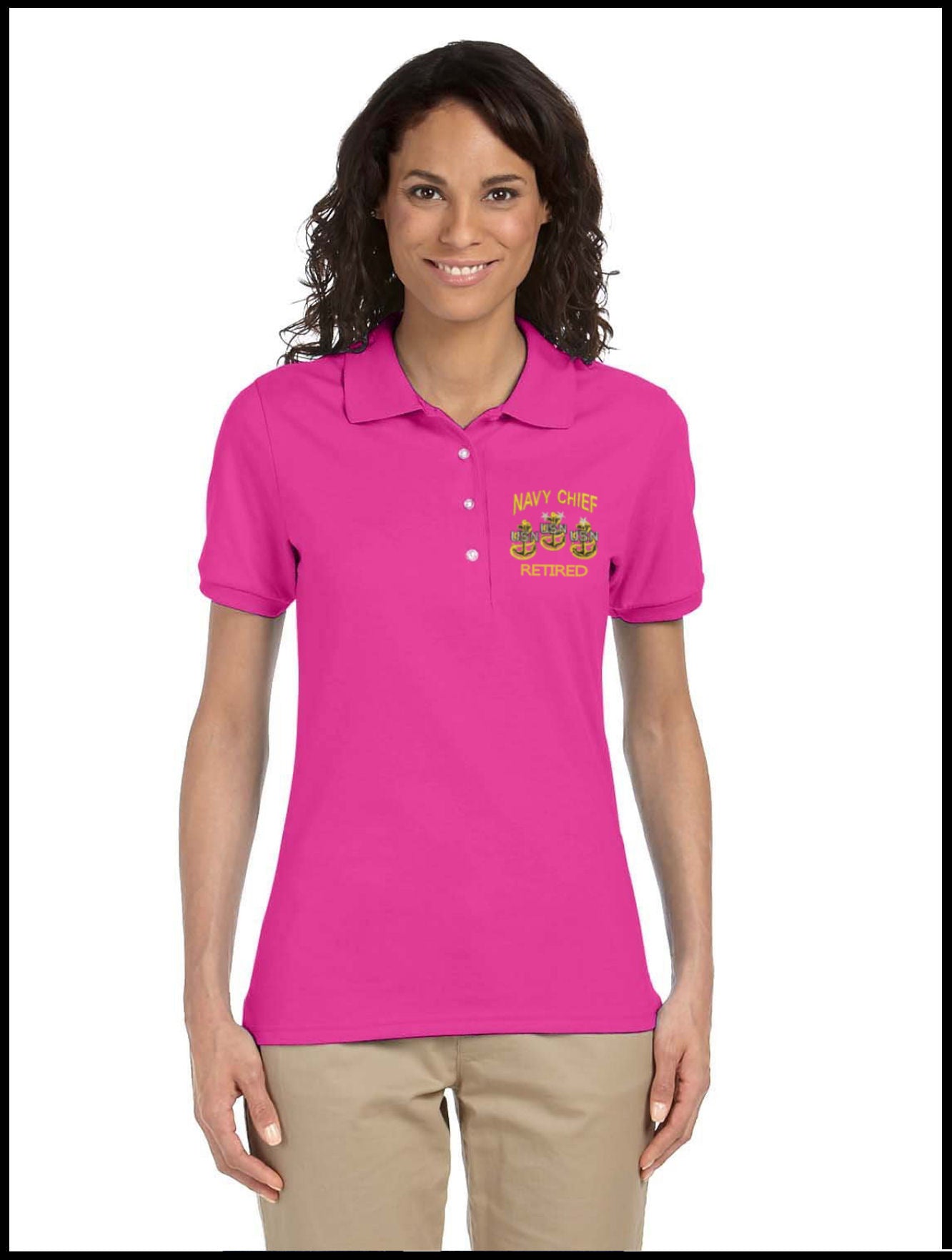 Ladies Retired Navy Chief, Pink Polo Shirt 3 Anchors