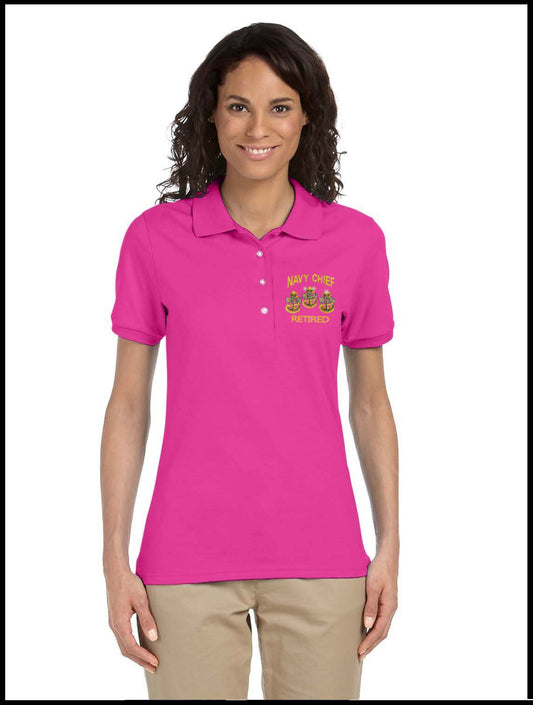 Ladies Retired Navy Chief, Pink Polo Shirt 3 Anchors