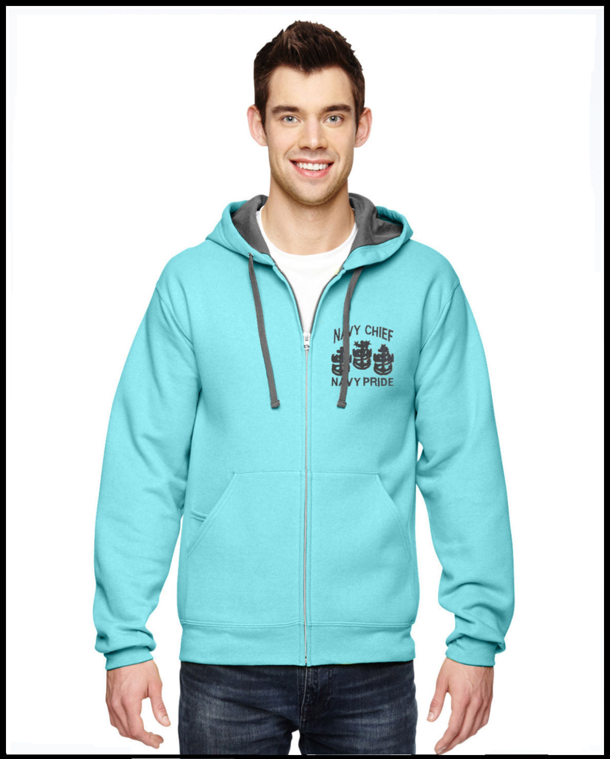 Navy Chief Navy Pride Embroidered Tahiti Blue & Grey Zipped Hooded Sweatshirt