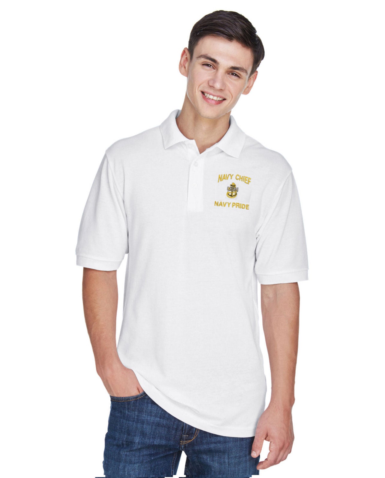 CPO Navy Chief, Navy Pride White Polo Shirt 1 Anchor