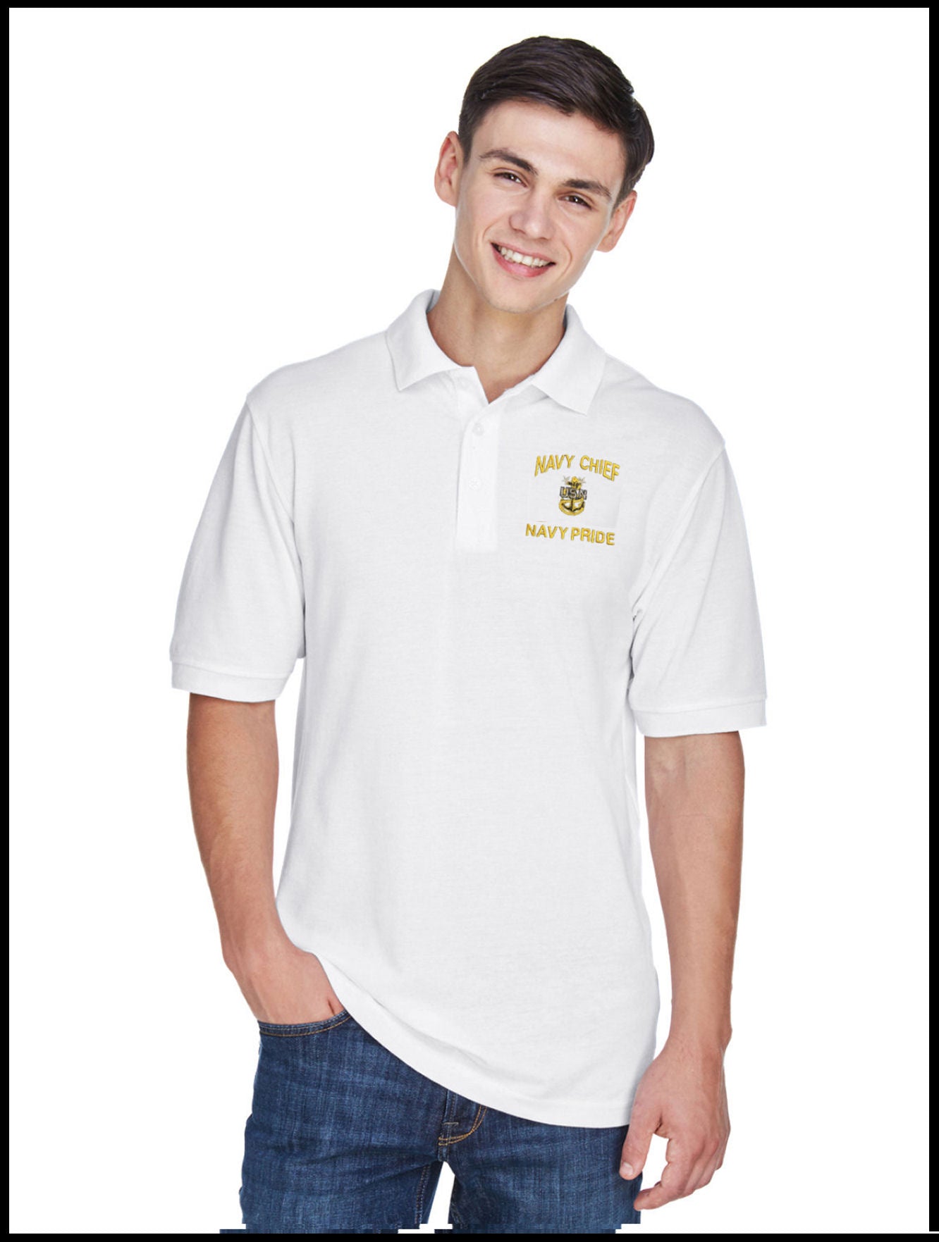 CPO Navy Chief, Navy Pride White Polo Shirt 1 Anchor
