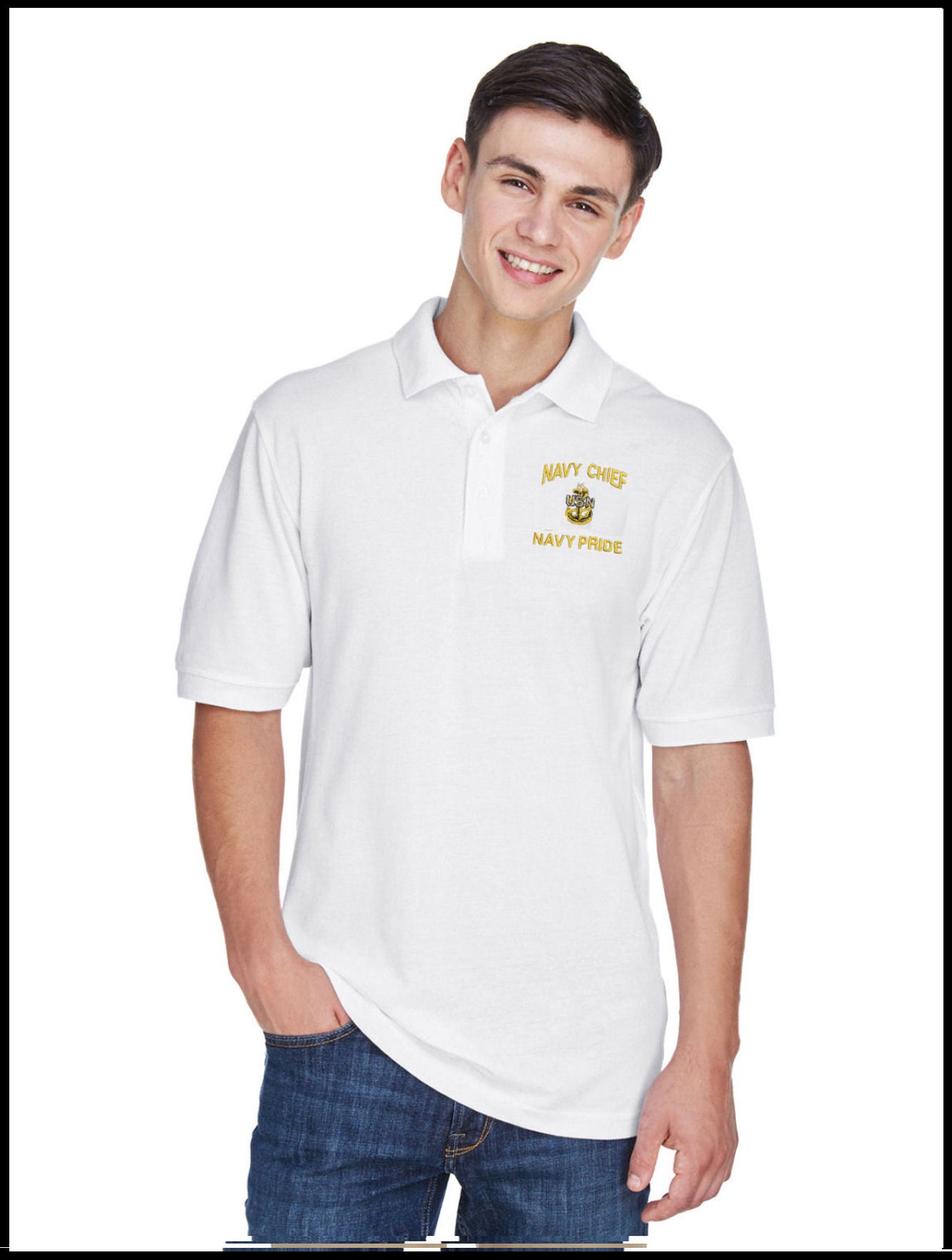 CPO Navy Chief, Navy Pride White Polo Shirt 1 Anchor