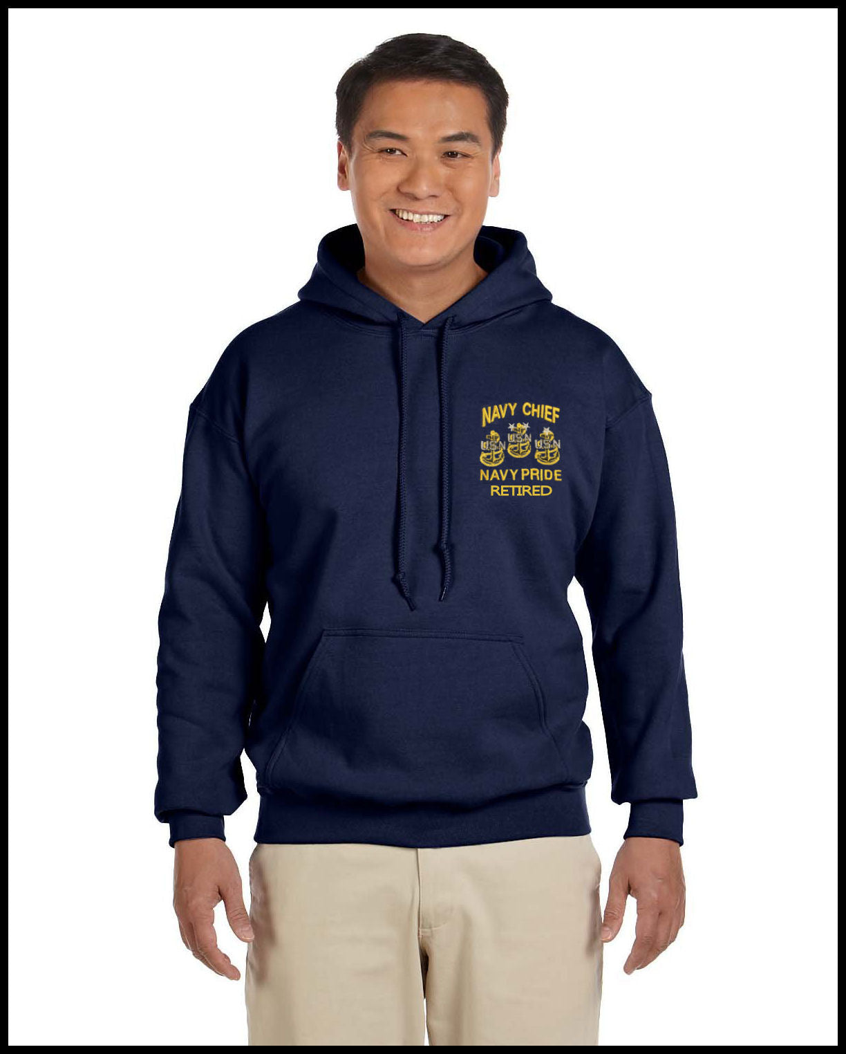 Retired Navy Chief 3 Anchors Embroidered Navy Blue Hooded Sweatshirt
