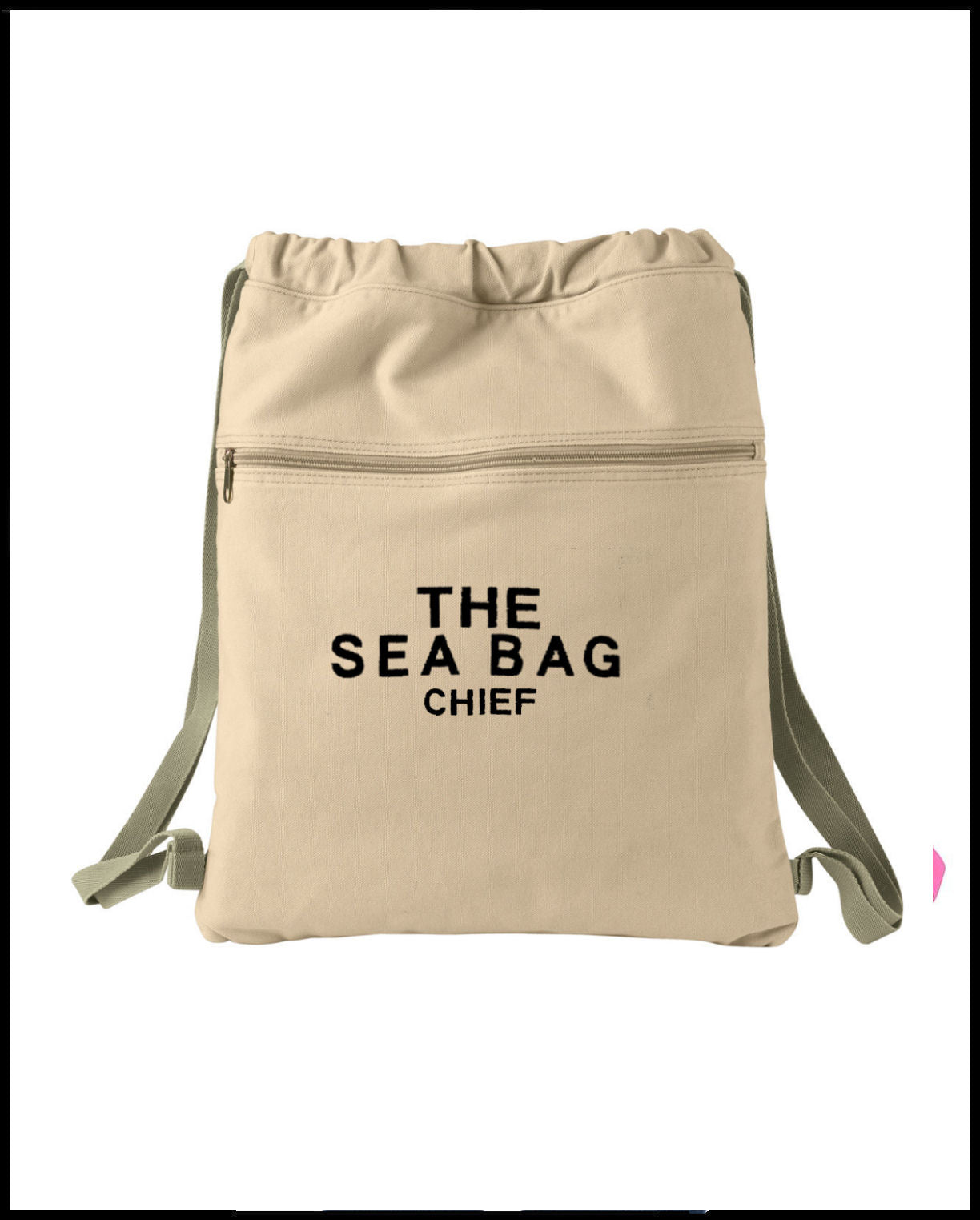 The Sea Bag Khaki Embroidered Canvas Drawstring Backpack