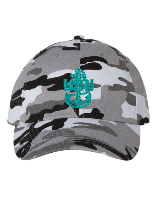 Snow Camo Hat with Tahiti Blue CPO Anchor
