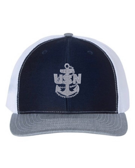 Navy Blue, Grey, and White Trucker Hat with Grey Anchor