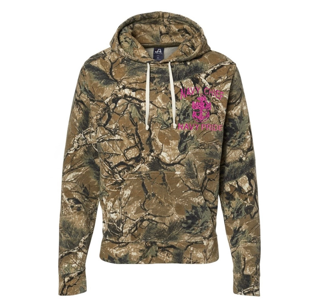 Navy Chief Navy Pride Embroidered Outdoor Camo Hooded Sweatshirt Pink Anchor/s