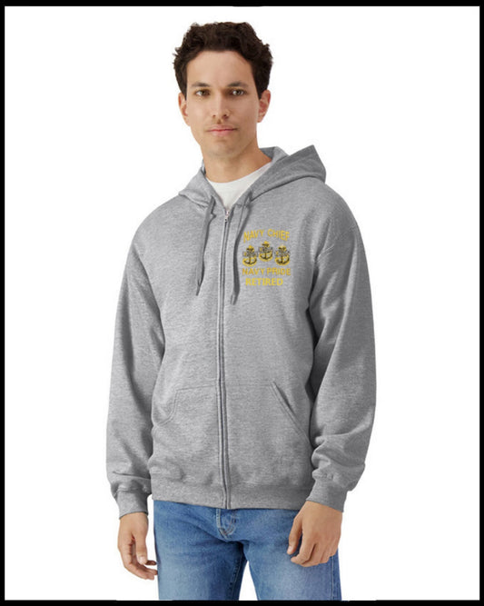 Navy Chief Navy Pride Retired Embroidered Front Heather Grey Hooded Zip Sweatshirt