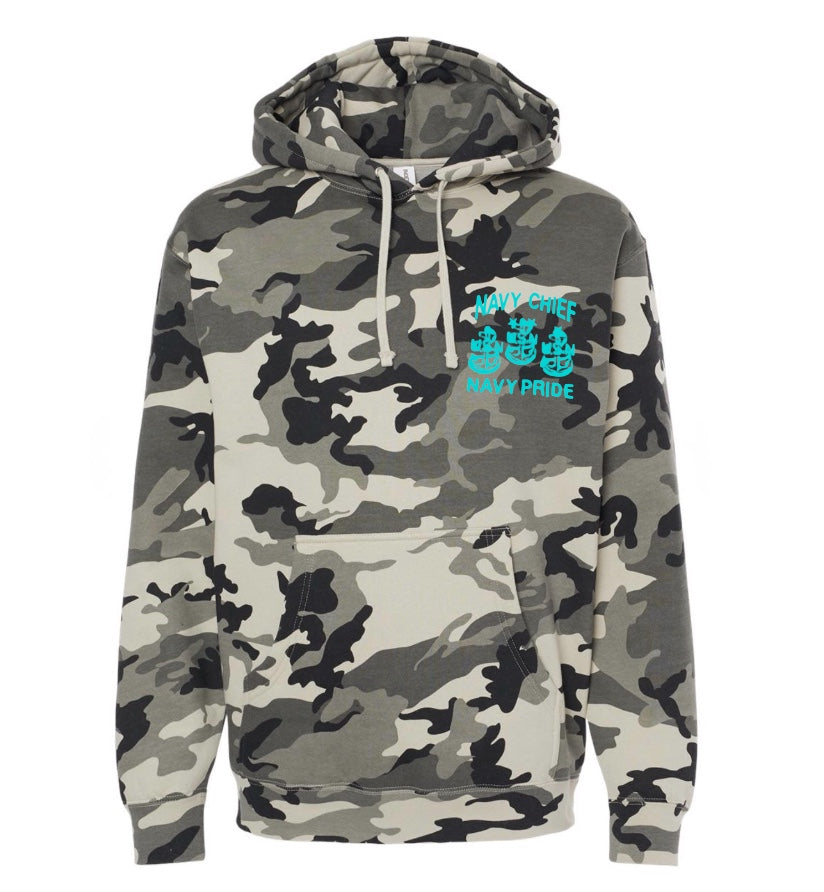 Snow Camo with Tahiti Blue Embroidered Navy Chief Navy Pride Hooded Sweatshirt