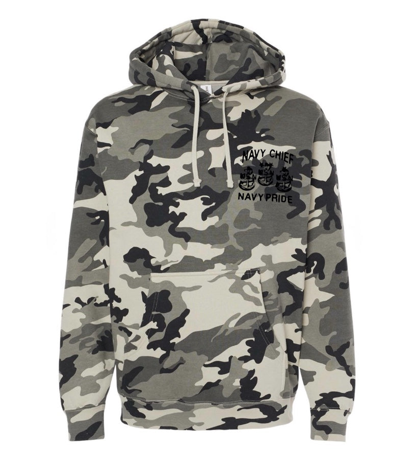 Snow Camo with Black Embroidered Navy Chief Navy Pride Hooded Sweatshirt