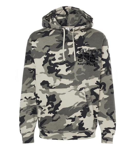 Snow Camo with Black Embroidered Navy Chief Navy Pride Hooded Sweatshirt