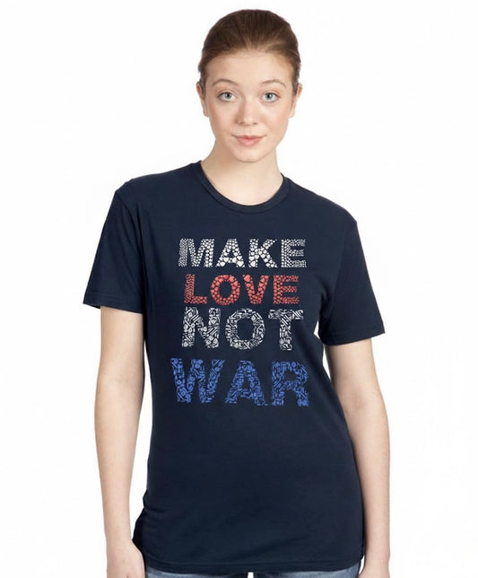 Make Love Not War Navy Blue T-Shirt with Red White and Blue Design