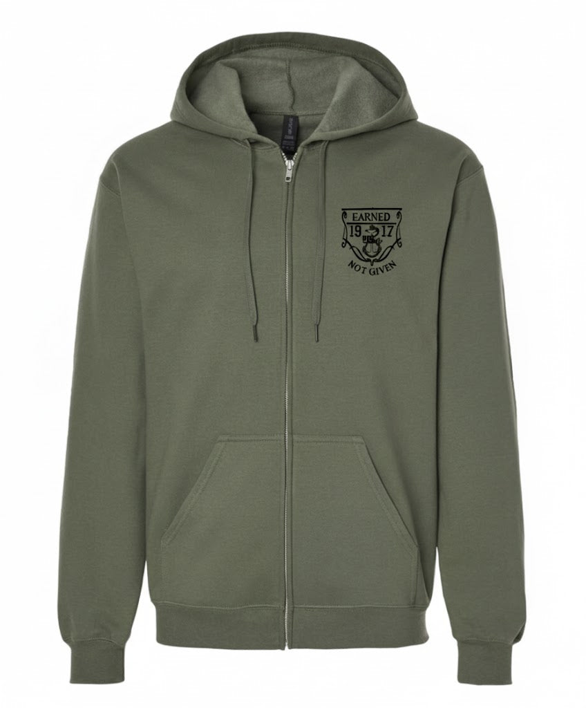 Strongest Women Military Green Zipped Hooded Sweatshirt