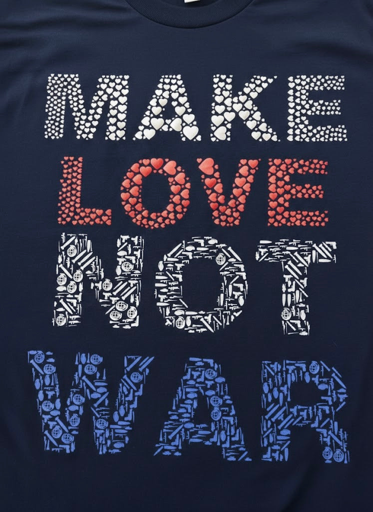 Make Love Not War Navy Blue T-Shirt with Red White and Blue Design