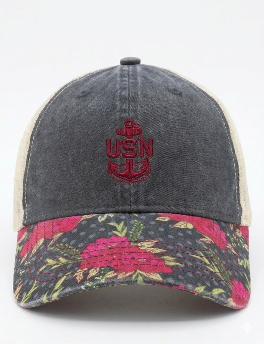 Black and Floral CPO Ponytail Trucker Hat