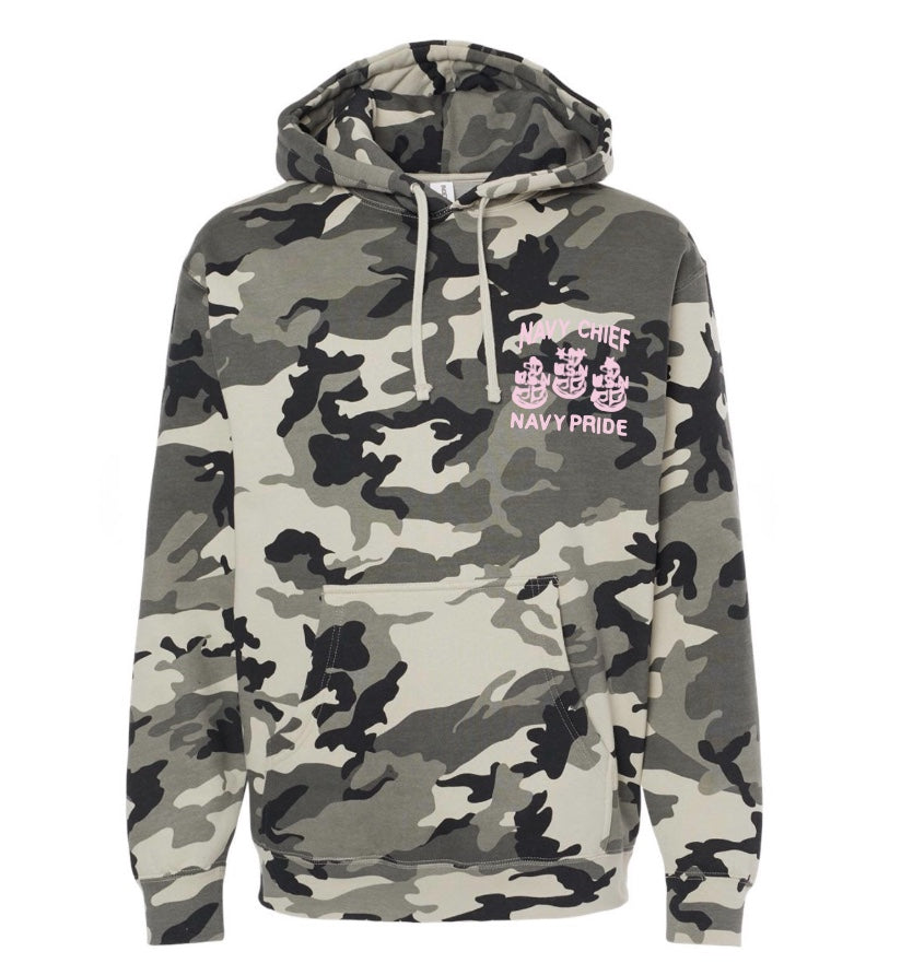 Snow Camo with Pink Embroidered Navy Chief Navy Pride Hooded Sweatshirt