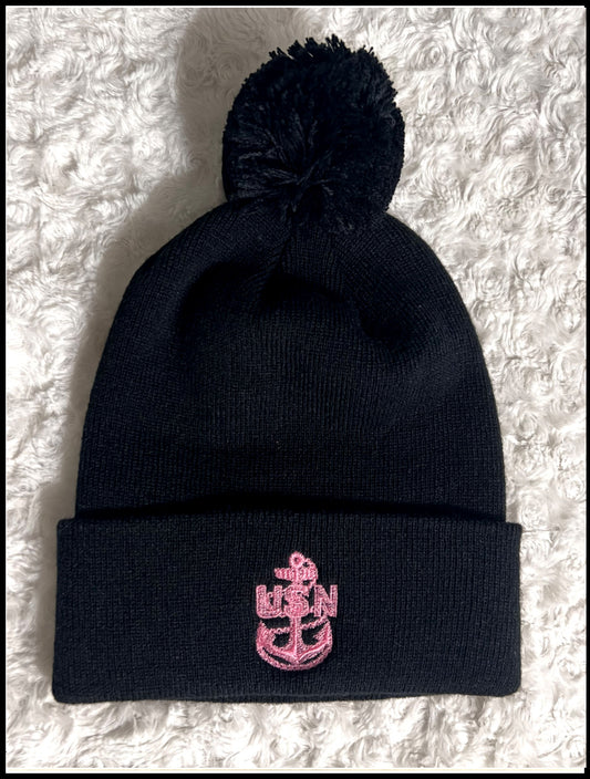 CPO Black & Pink Pom-Pom Beanie