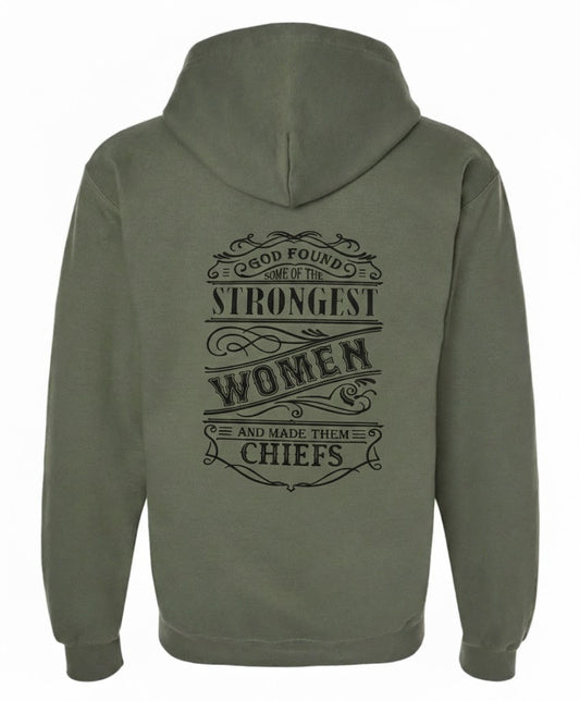 Strongest Women Military Green Zipped Hooded Sweatshirt