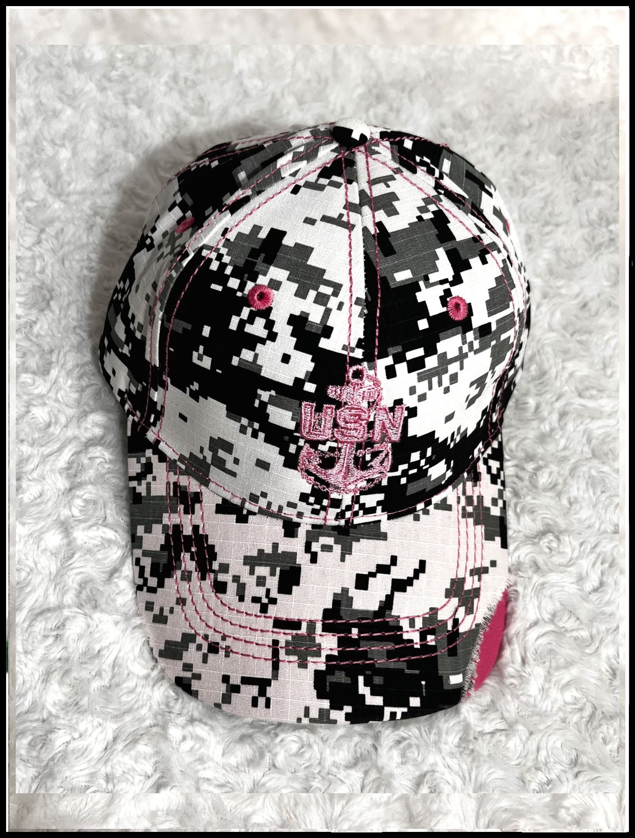 Distressed Snow Digi Camo and Pink Cap